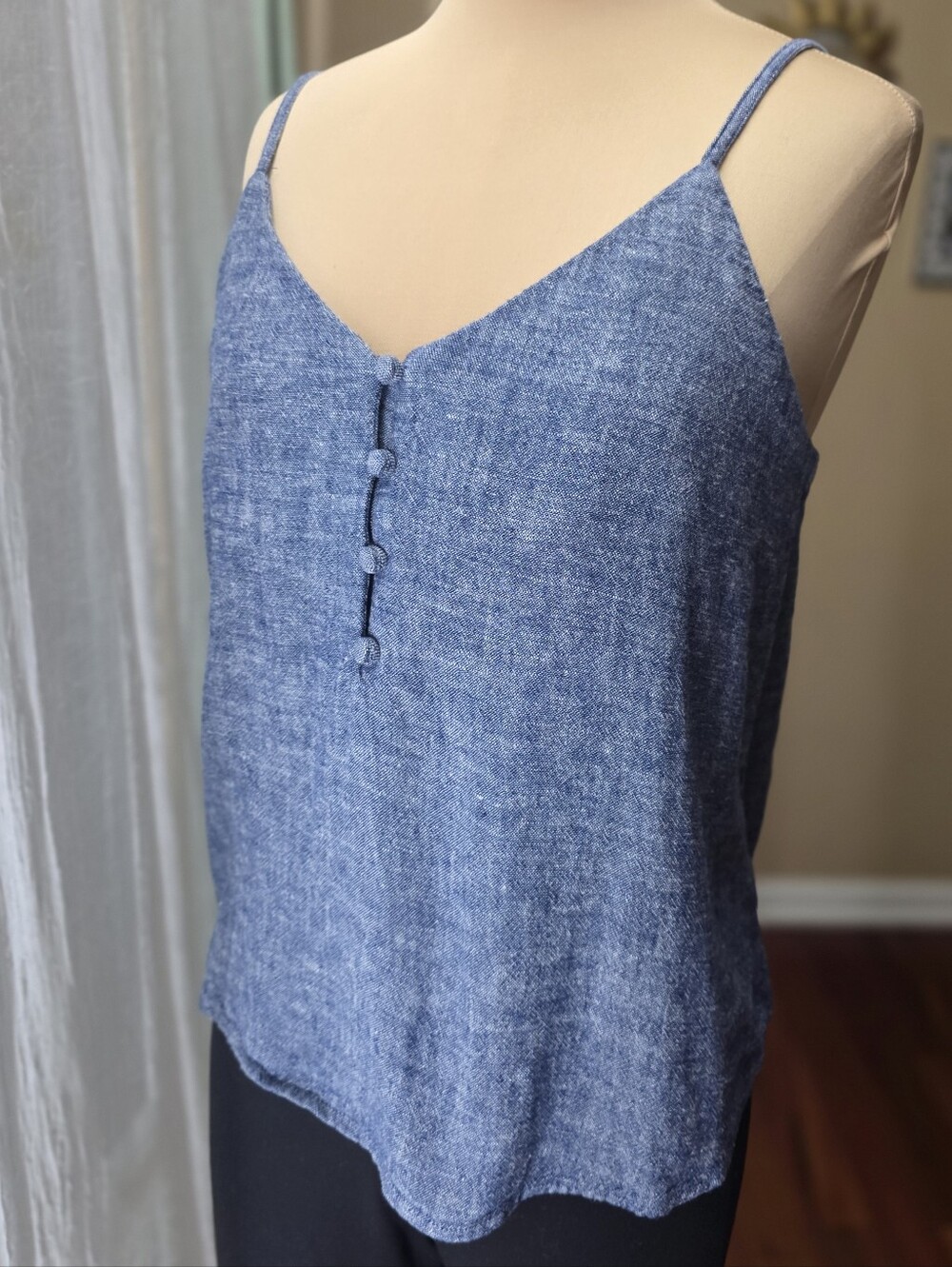 Linen Blend Blue Chambray Button Front Cami Tank Top Adjustable Straps Small